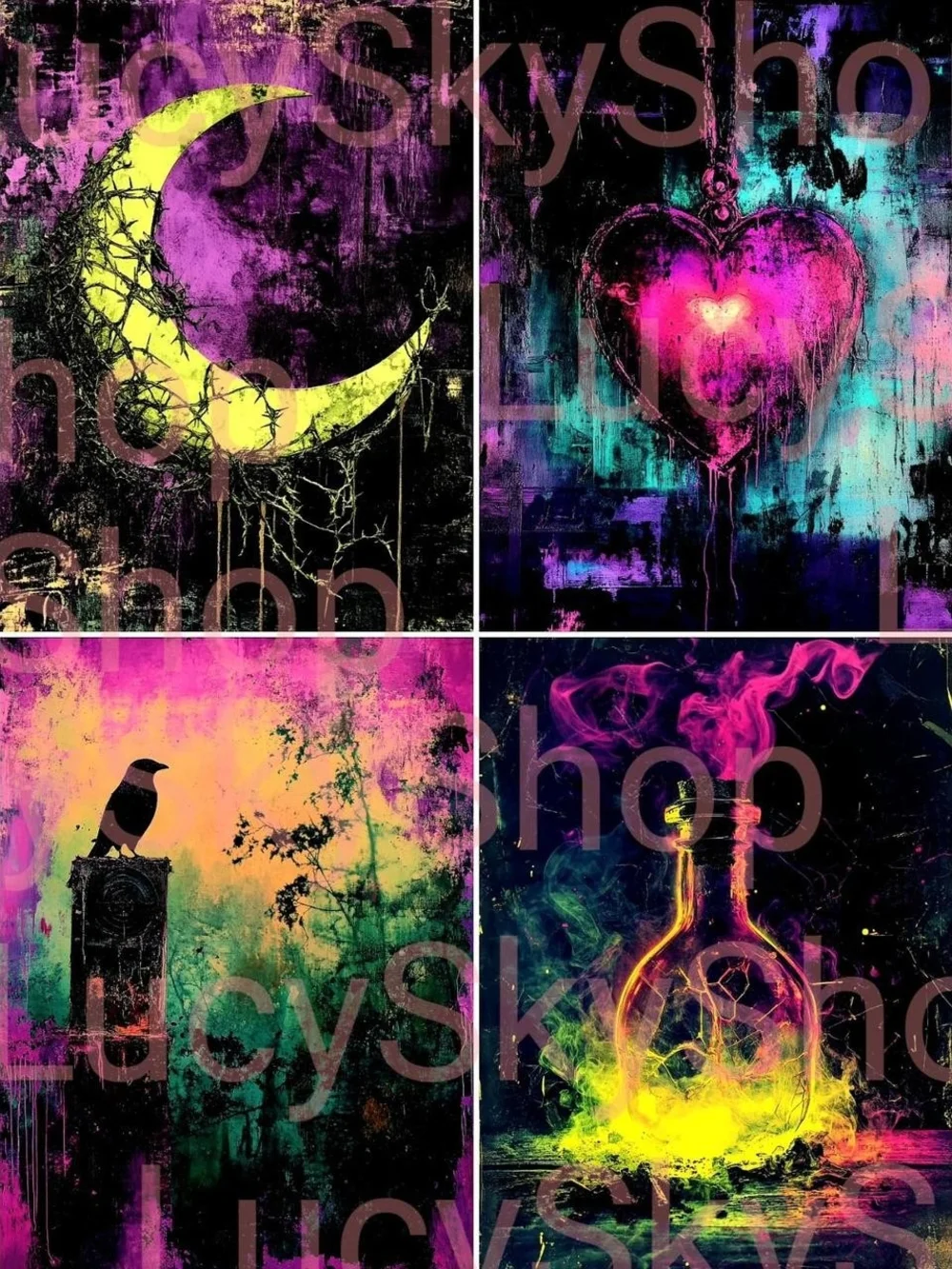 Witchy Surreal Large Sticker 16 Set Handmade Whimsy Goth Dreamy Neon w GLITTER